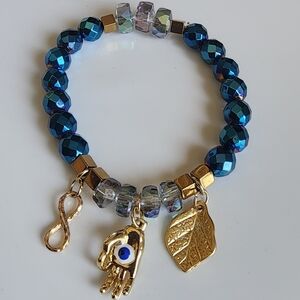 Blue Beaded Bracelet with Gold Charms
